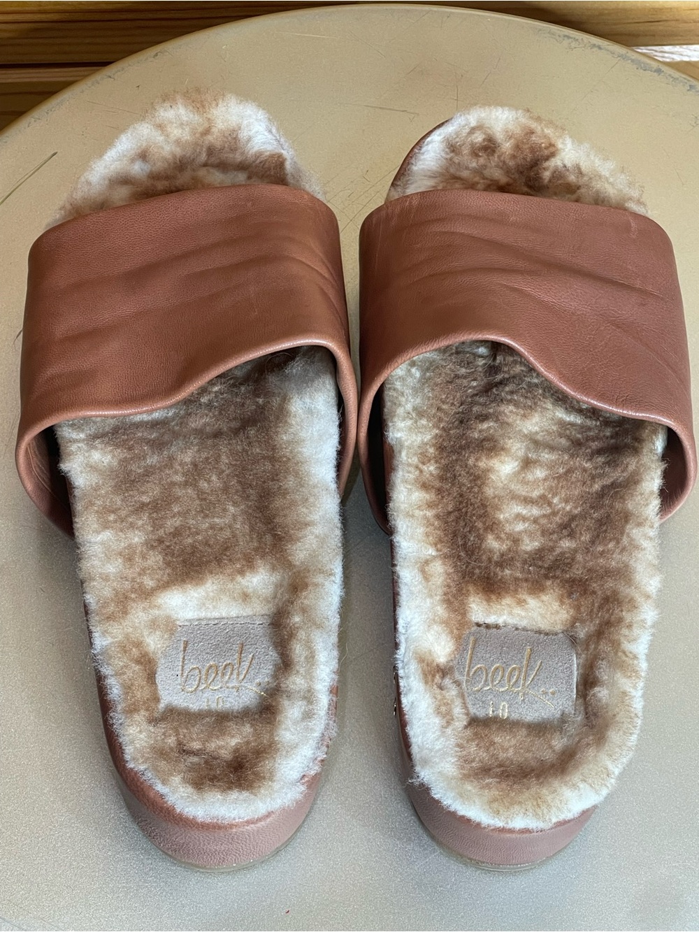 beek Pelican Tan Leather platform Shearling Slides